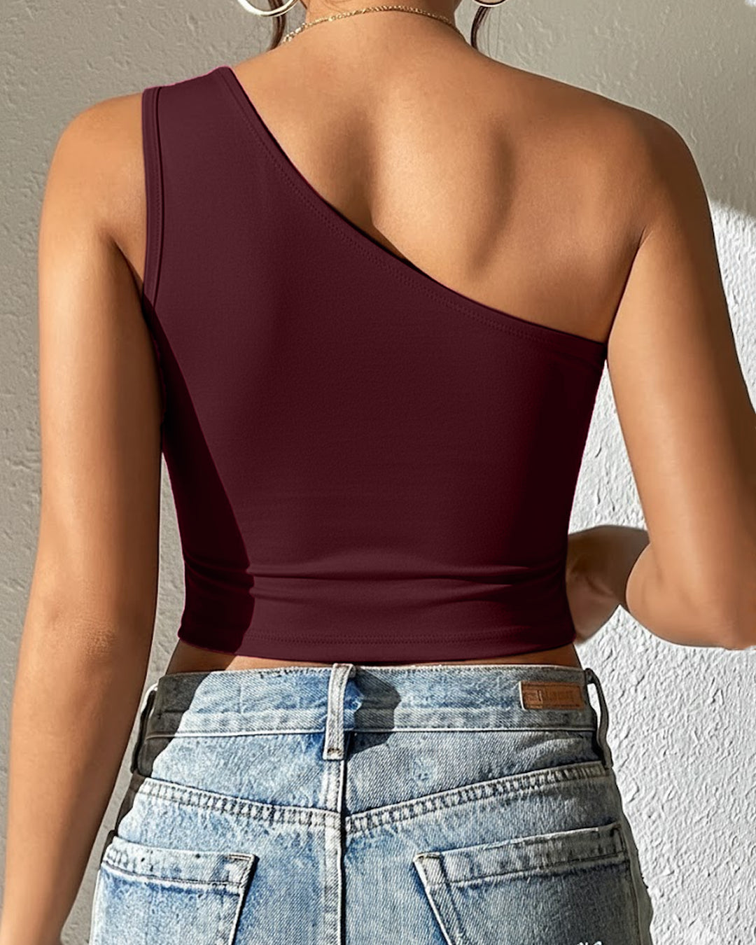 One Shoulder Cut Out Crop Asymmetrical Top in Burgundy