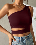 One Shoulder Cut Out Crop Asymmetrical Top in Burgundy