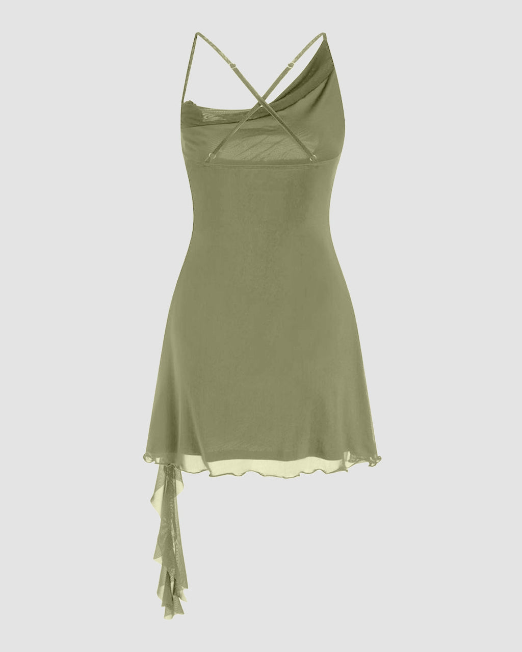 Mesh Asymmetrical Neck Ruched Applique Mini Dress in Herbal green