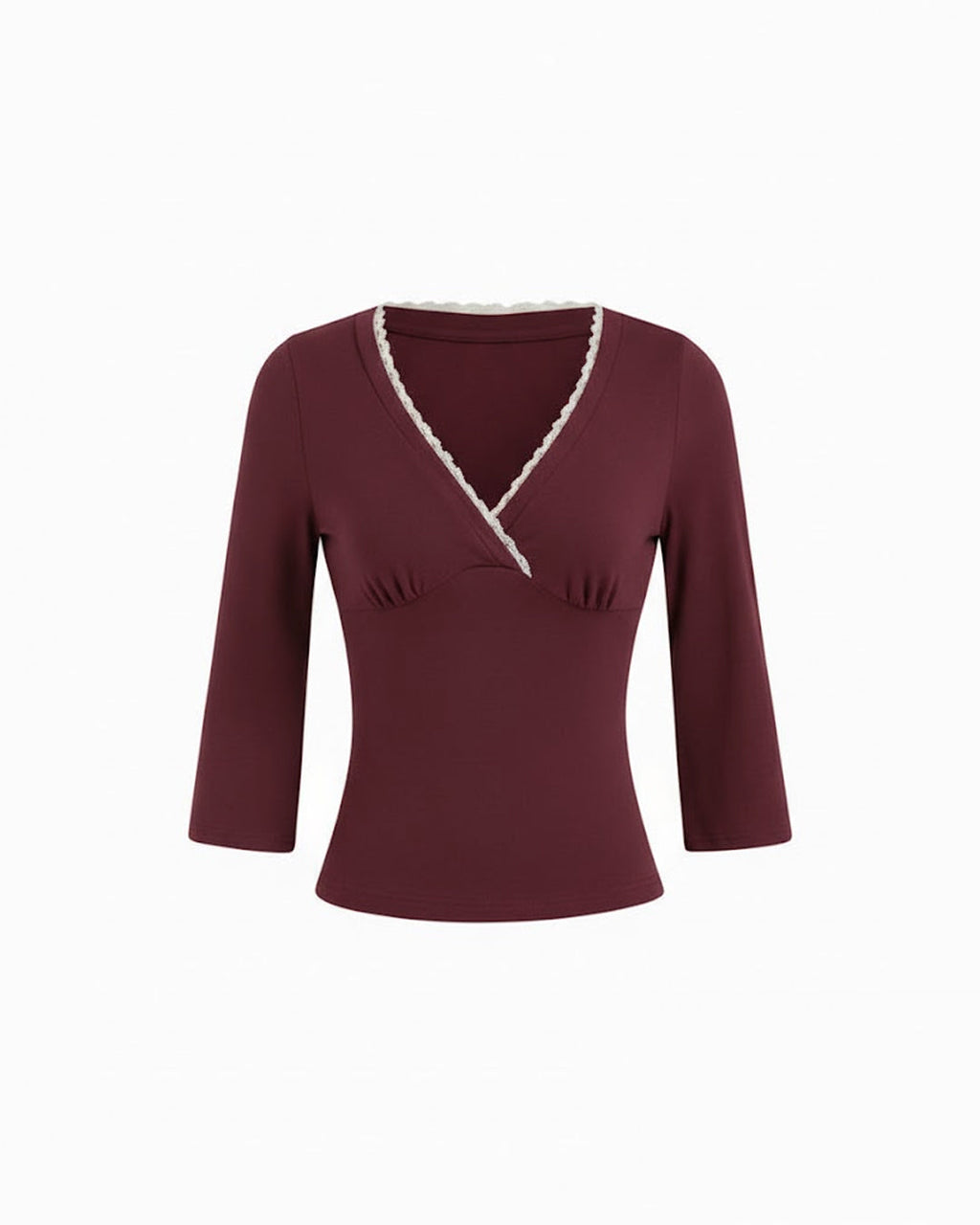 V-Neck Lace Panel Long Sleeve Top in Maroon