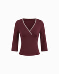 V-Neck Lace Panel Long Sleeve Top in Maroon