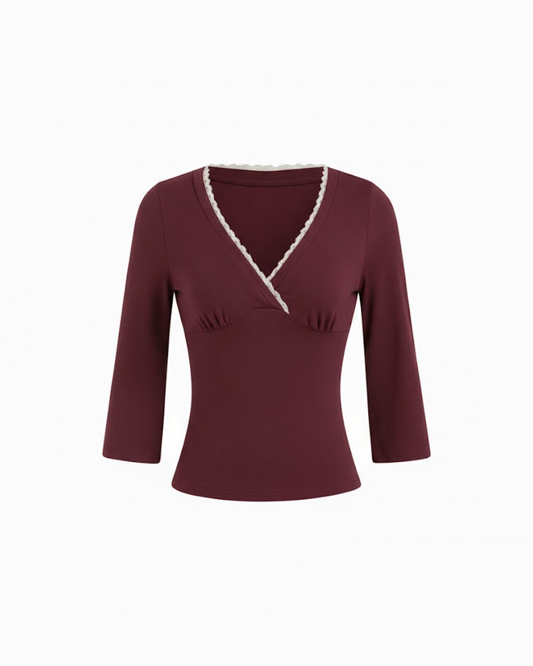 V-Neck Lace Panel Long Sleeve Top in Maroon