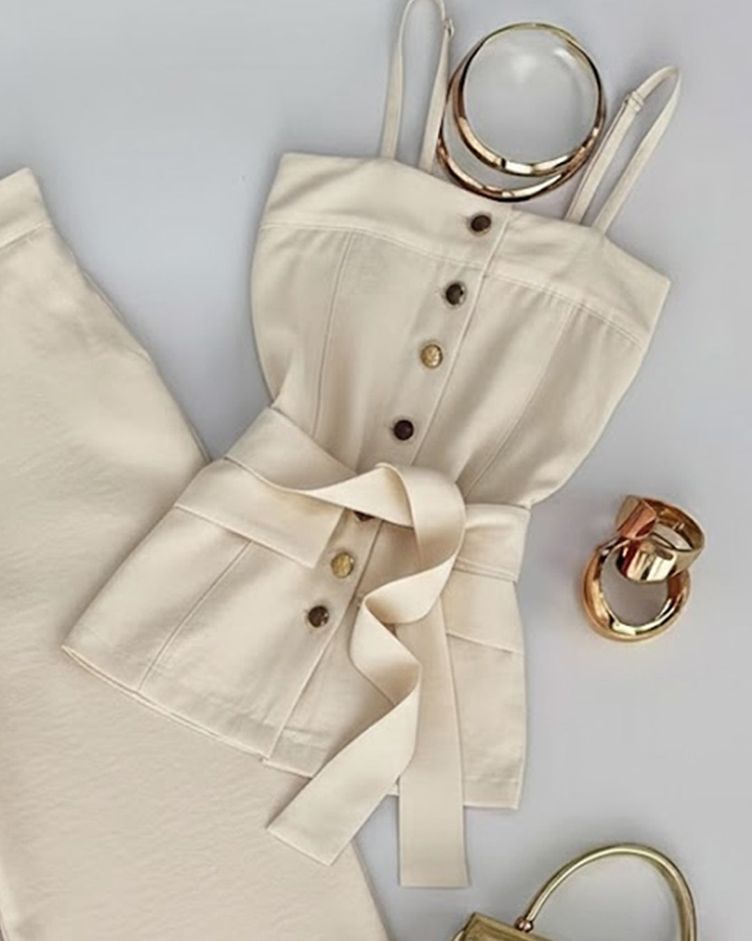 Solid Color Strappy Top and Long Pants Two Piece Set in Beige