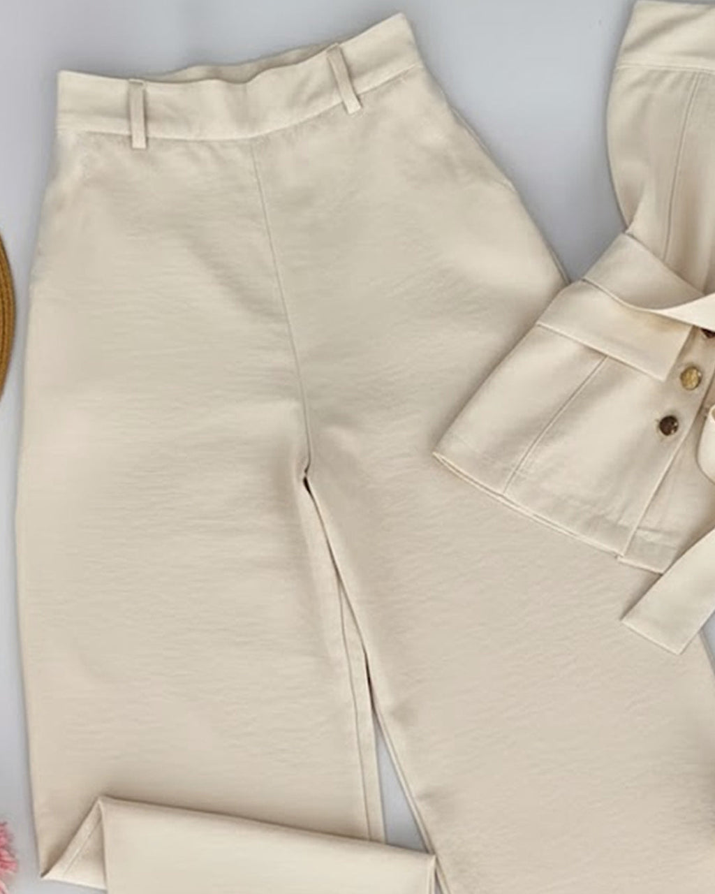 Solid Color Strappy Top and Long Pants Two Piece Set in Beige