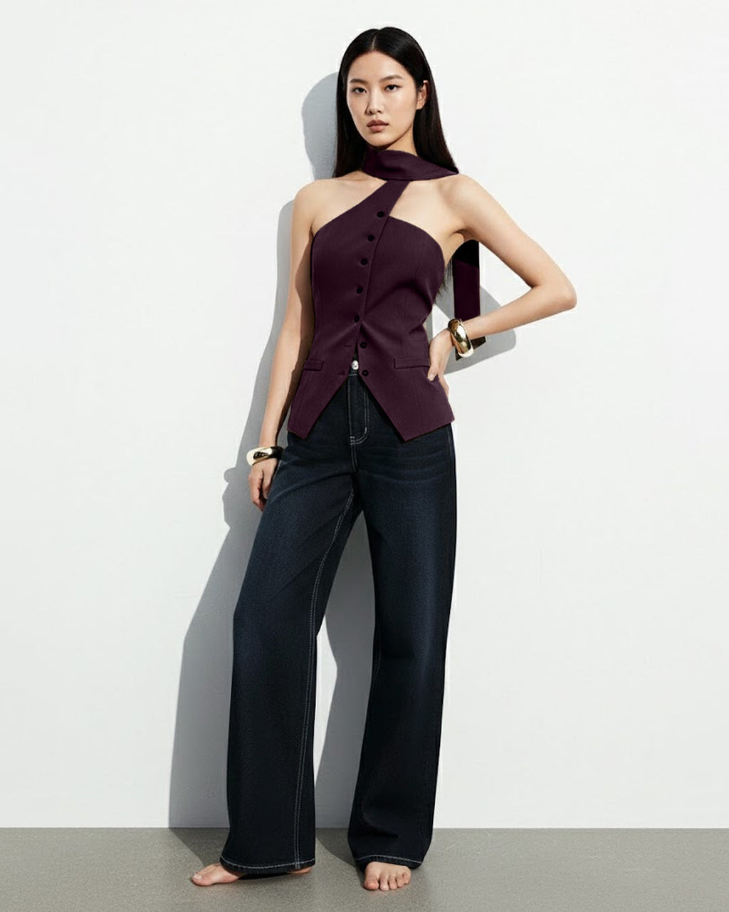 Asymmetric Drape Neck Single-Breasted Vest Top in Purple