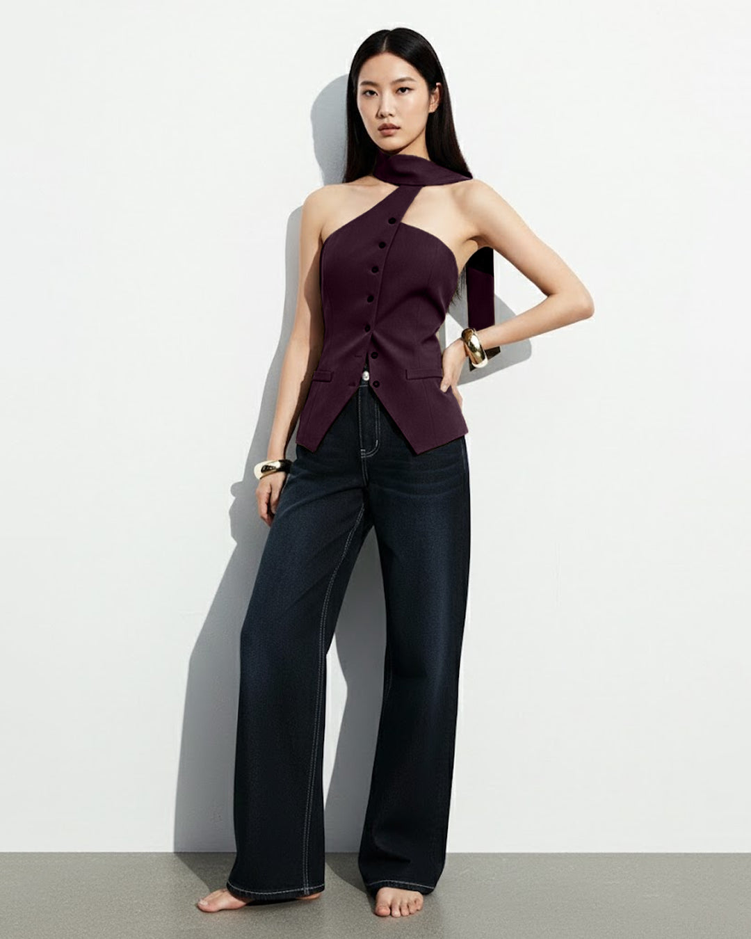 Asymmetric Drape Neck Single-Breasted Vest Top in Purple