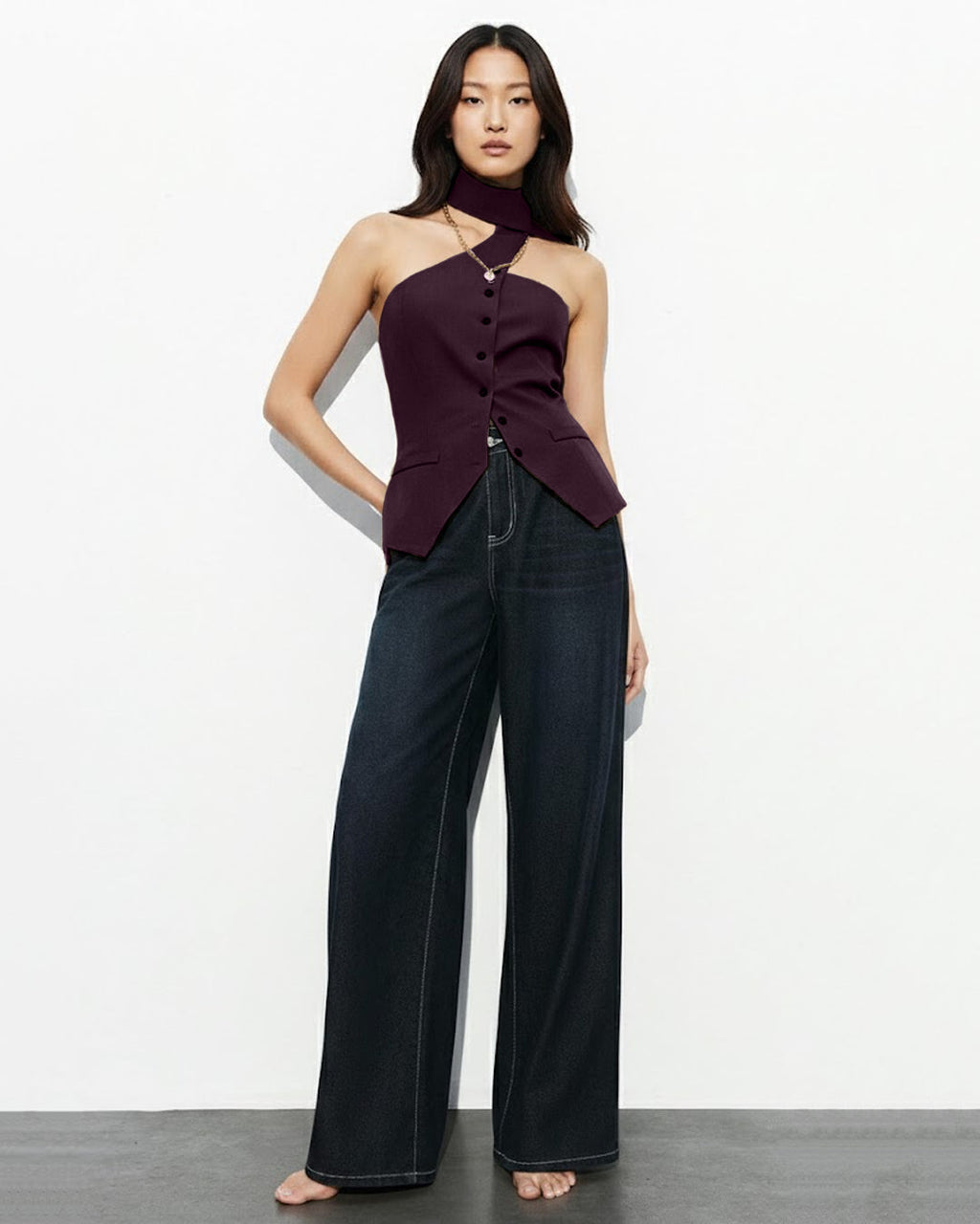 Asymmetric Drape Neck Single-Breasted Vest Top in Purple