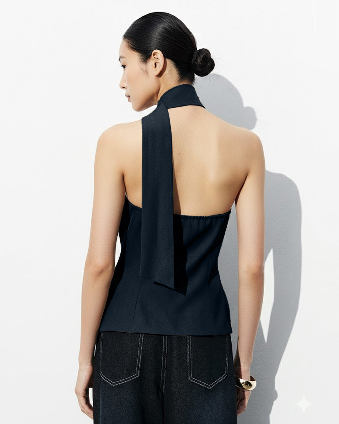 Asymmetric Drape Neck Single-Breasted Vest Top in Navy Blue
