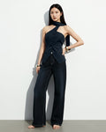 Asymmetric Drape Neck Single-Breasted Vest Top in Navy Blue