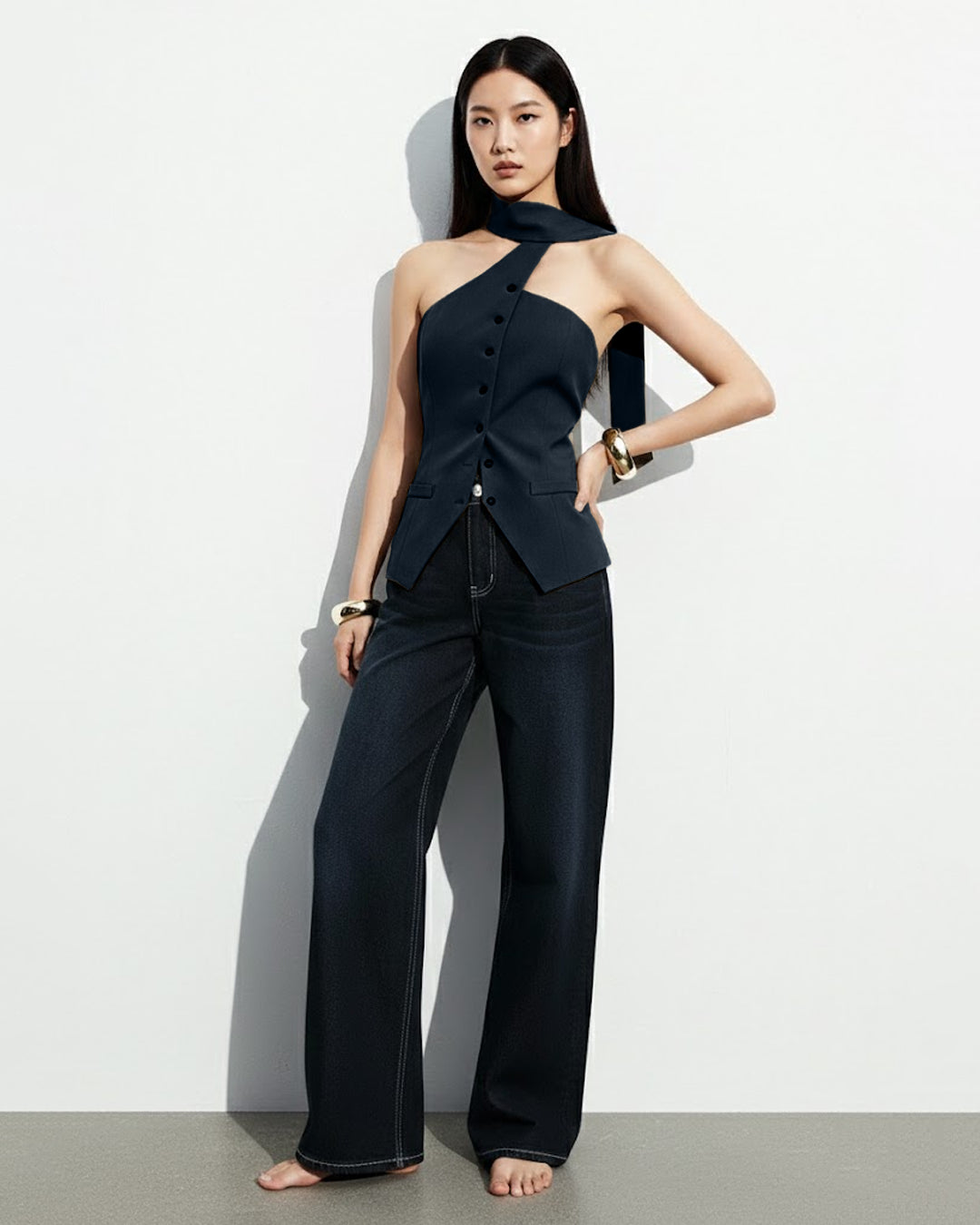Asymmetric Drape Neck Single-Breasted Vest Top in Navy Blue