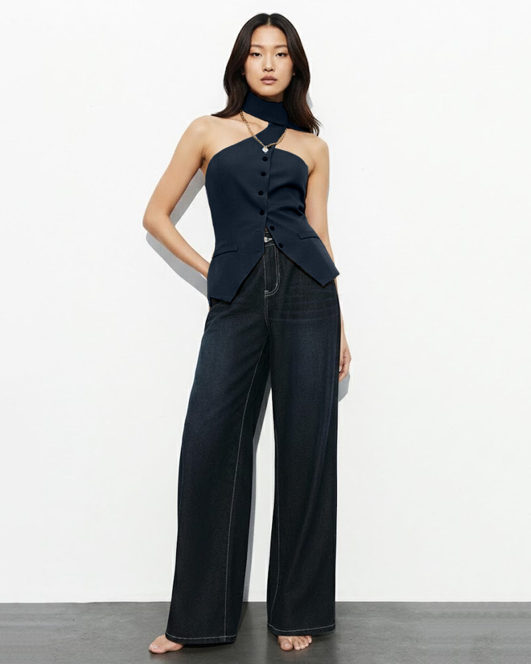 Asymmetric Drape Neck Single-Breasted Vest Top in Navy Blue