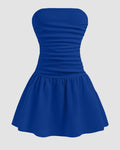Strapless Ruched Sleeveless Flared Dress in Blue