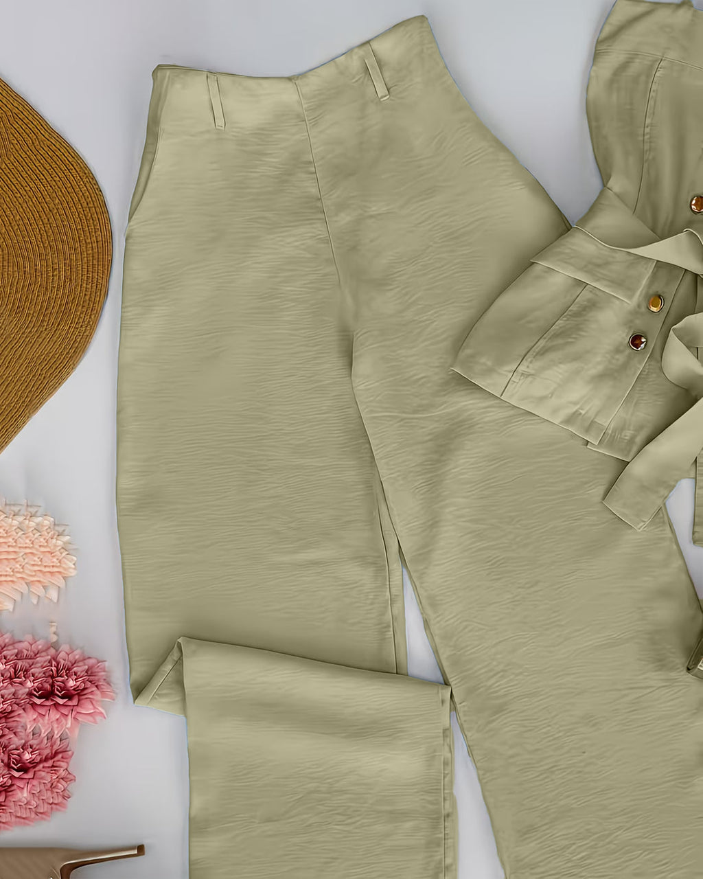 Solid Color Strappy Top and Long Pants Two Piece Set in Herbal