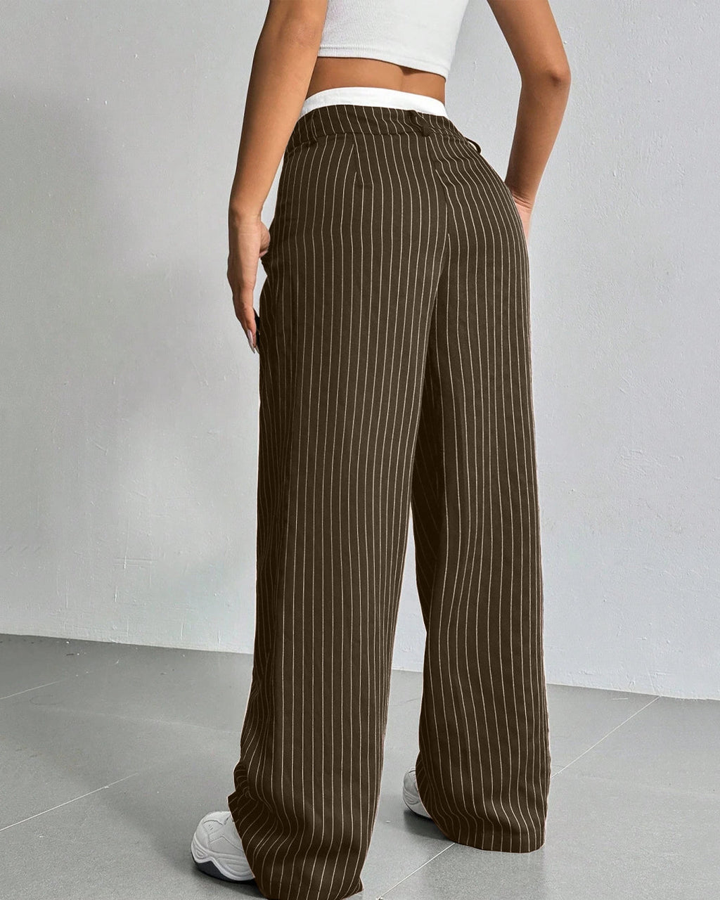 Striped Waistband Wide Leg Suit Trousers in Brown