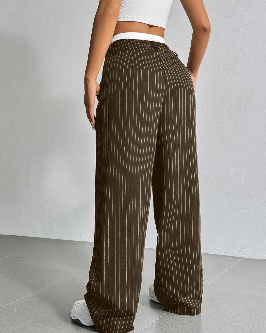Striped Waistband Wide Leg Suit Trousers in Brown