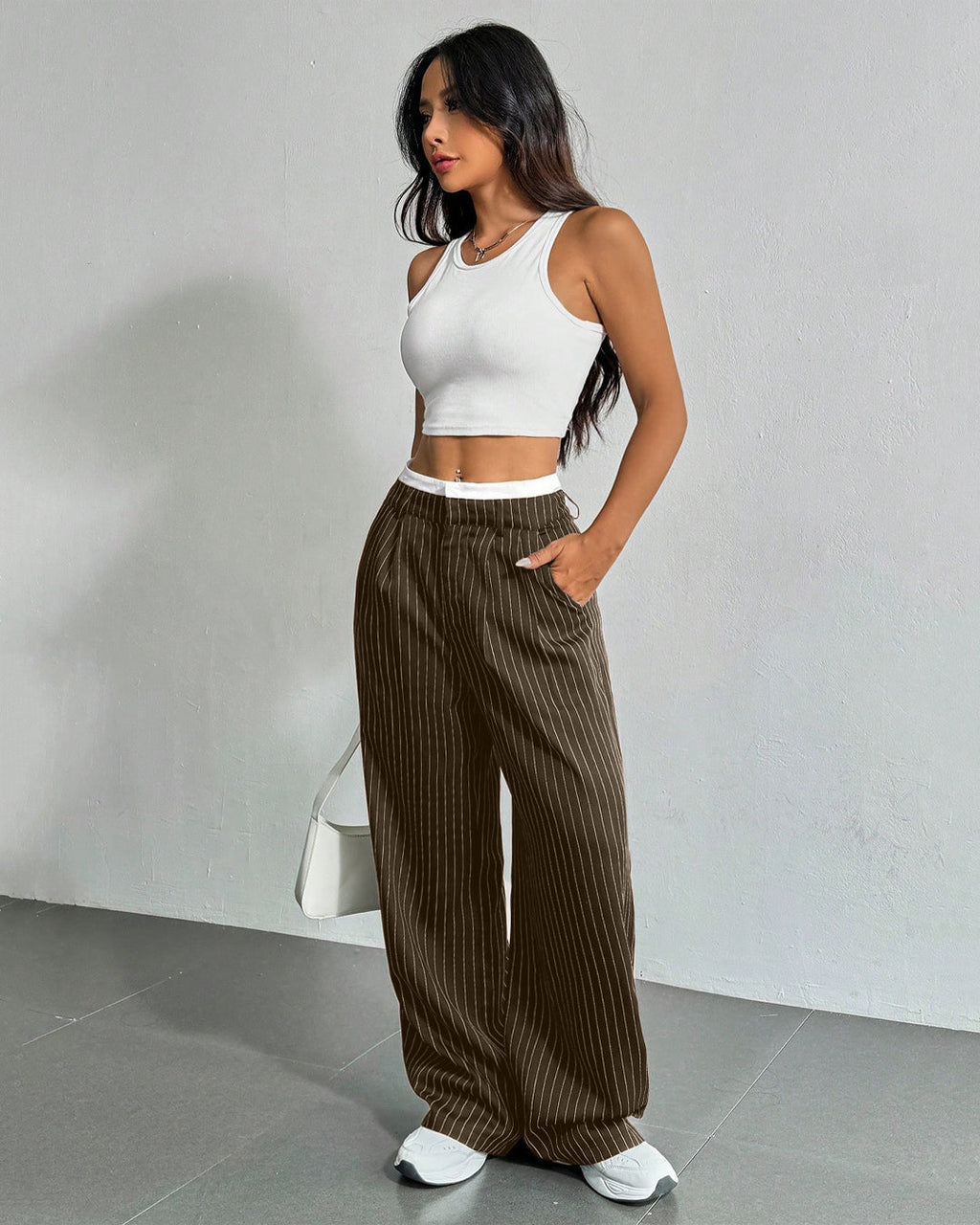 Striped Waistband Wide Leg Suit Trousers in Brown