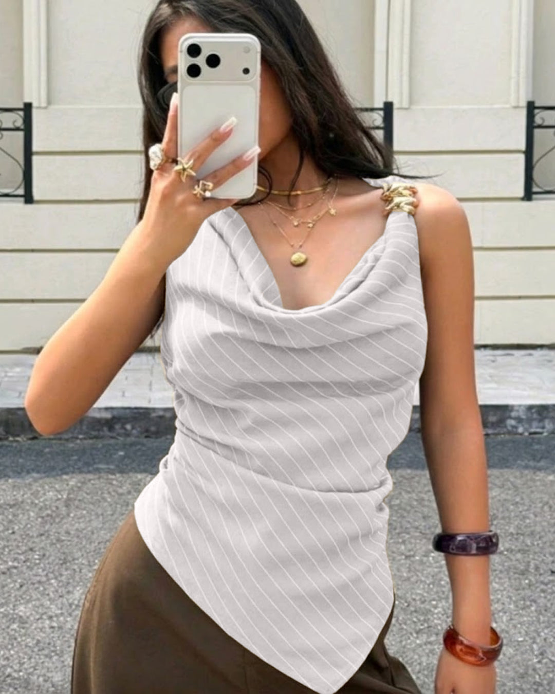 Neck Striped Asymmetrical Draped Collar and Metal Button Top in White