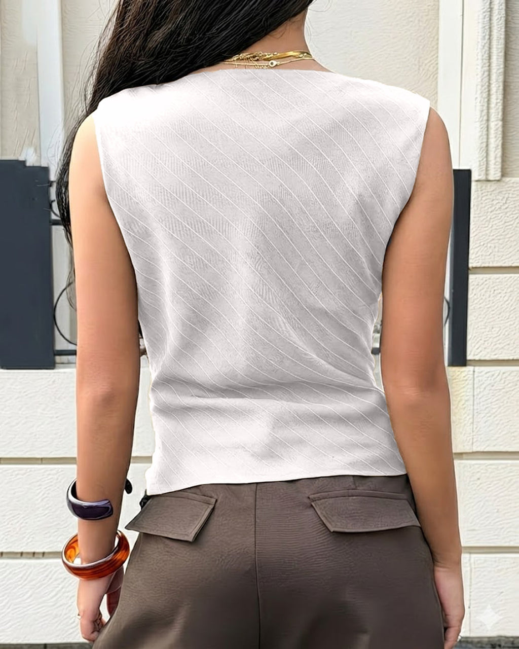 Neck Striped Asymmetrical Draped Collar and Metal Button Top in White