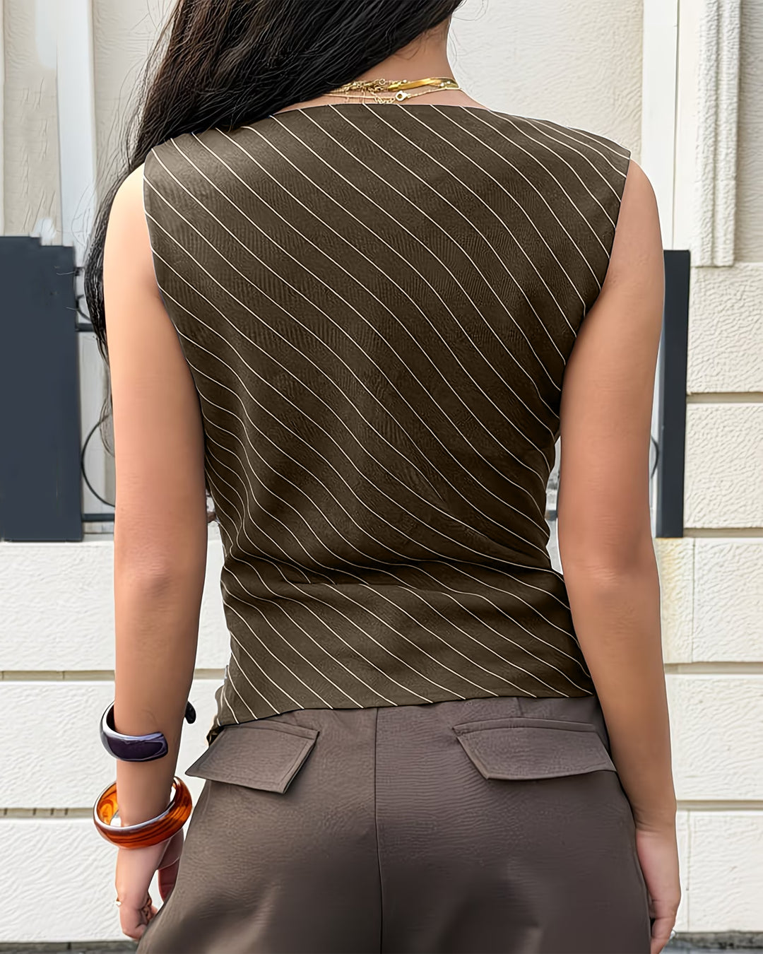Neck Striped Asymmetrical Draped Collar and Metal Button Top in Brown