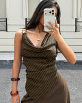Neck Striped Asymmetrical Draped Collar and Metal Button Top in Brown
