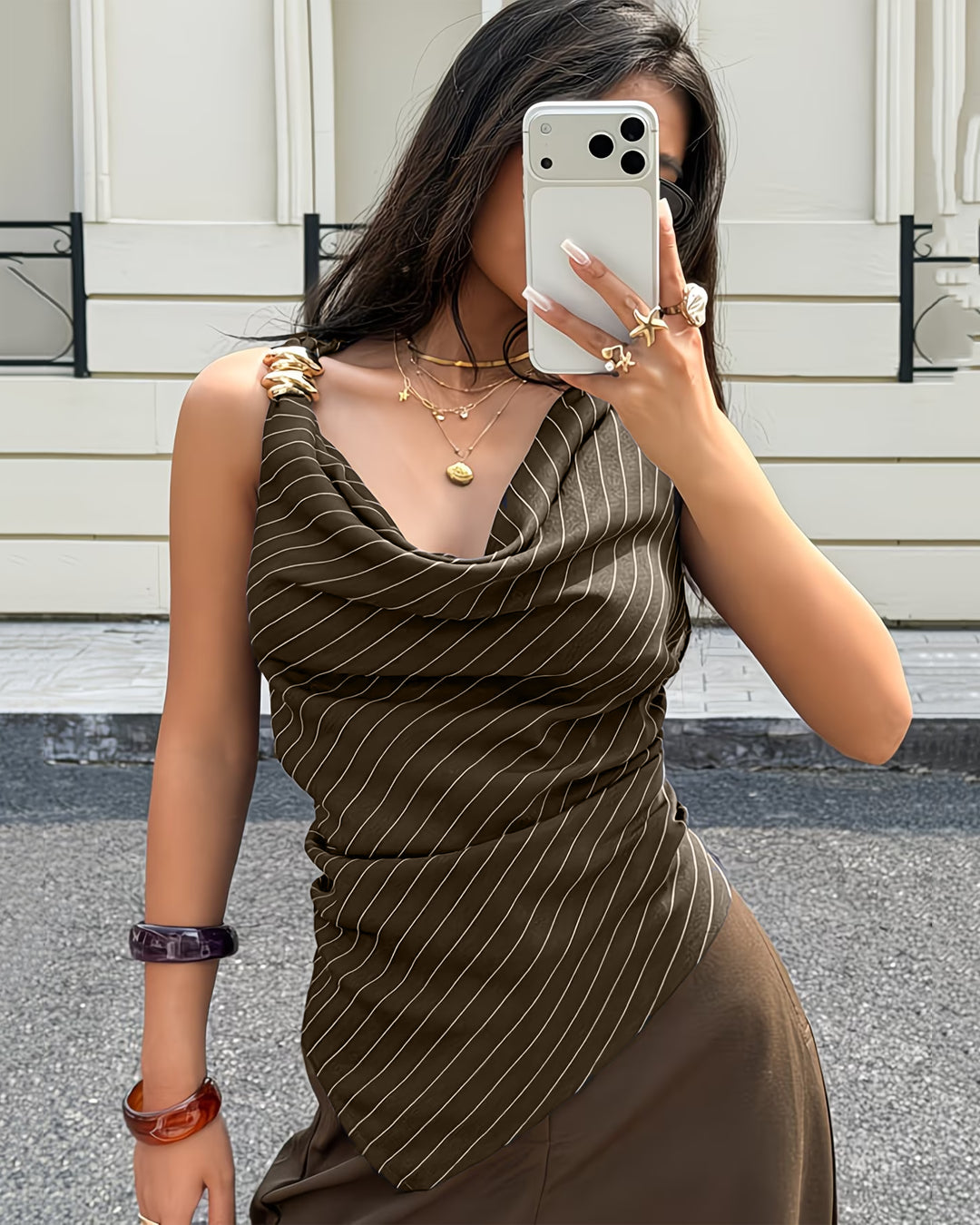 Neck Striped Asymmetrical Draped Collar and Metal Button Top in Brown