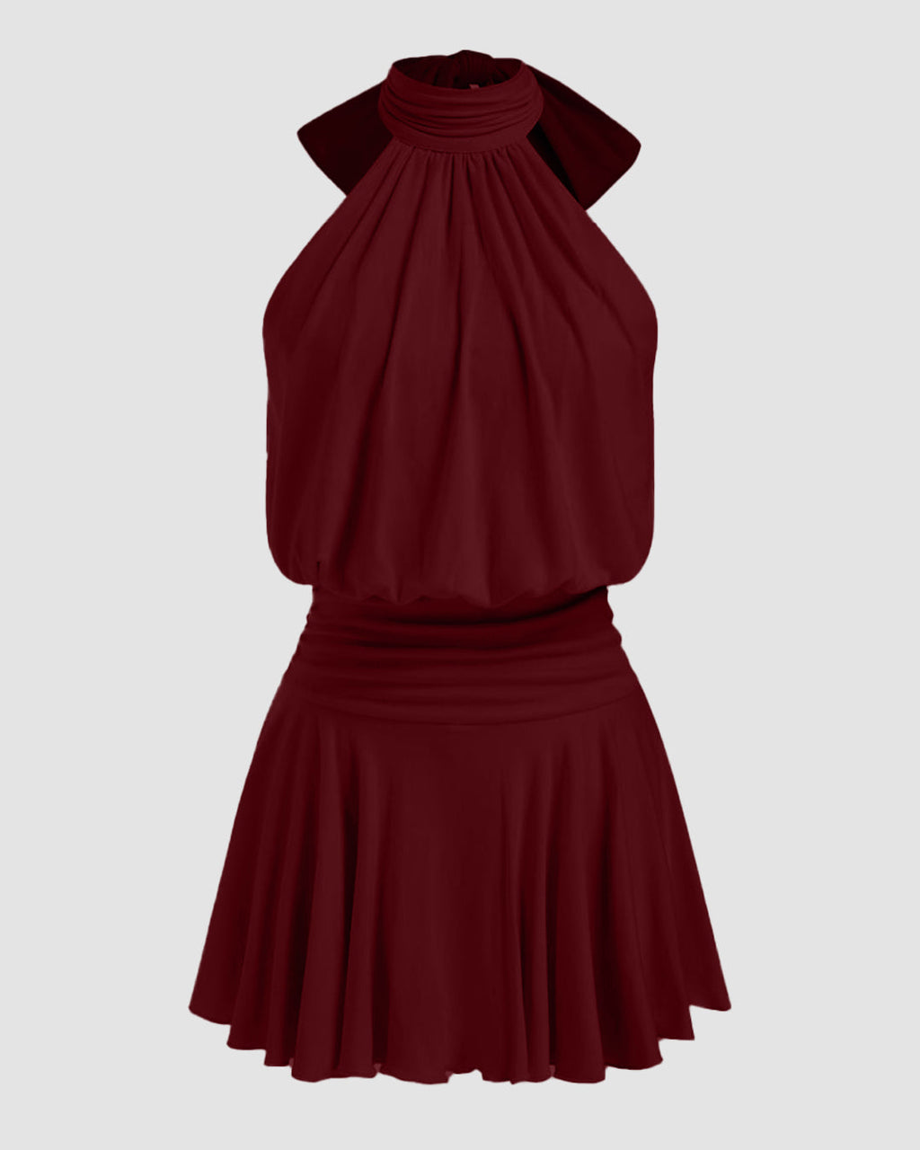 Stand Collar Sleeveless A-Line Mini Dress with Scarf in Maroon