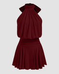 Stand Collar Sleeveless A-Line Mini Dress with Scarf in Maroon