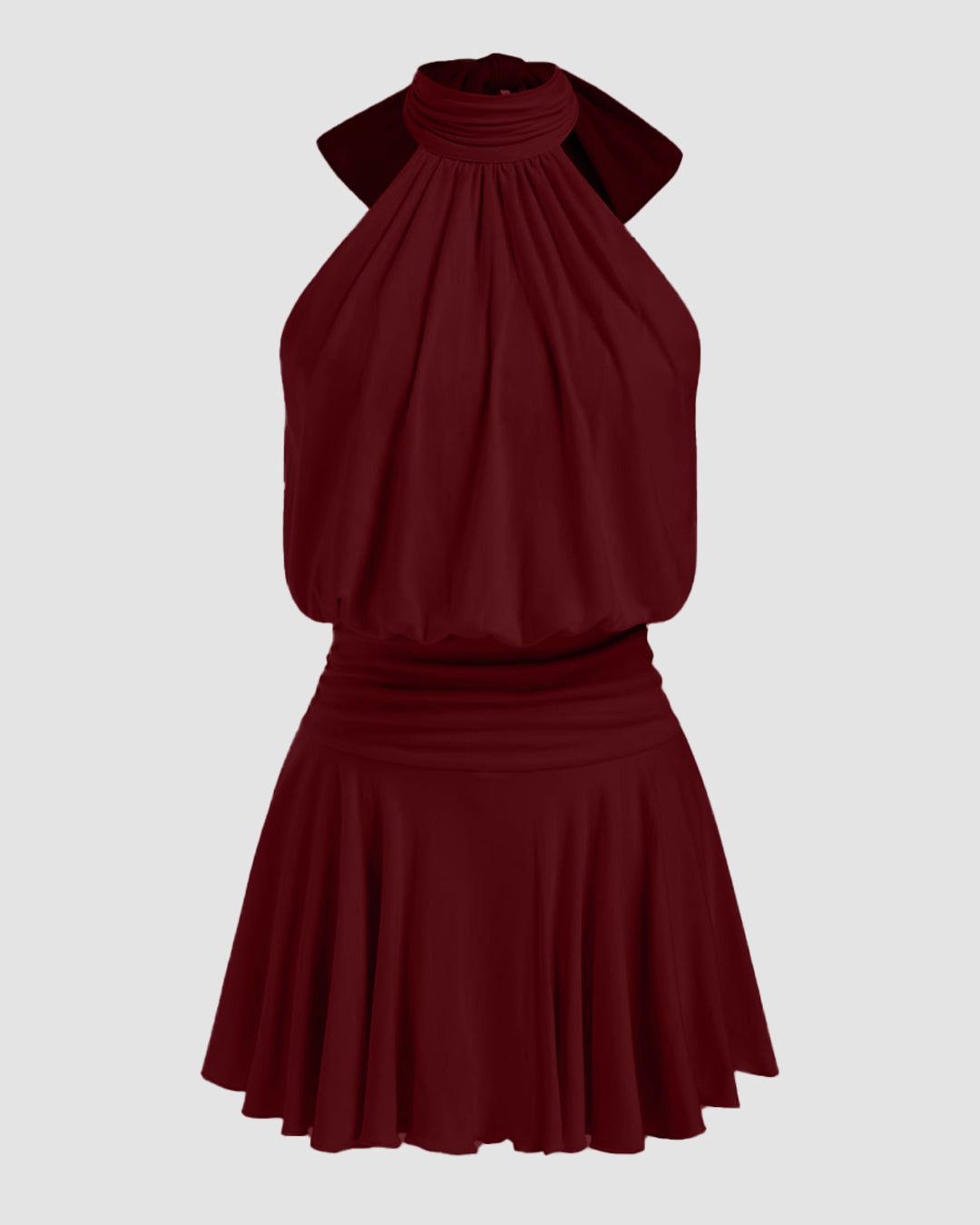 Stand Collar Sleeveless A-Line Mini Dress with Scarf in Maroon