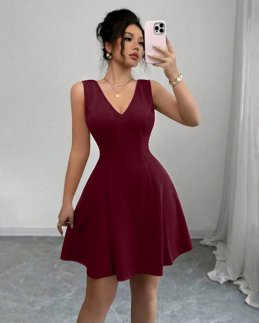 V-Neck Backless Fitted With Bowknot Mini Dress in Burgundy