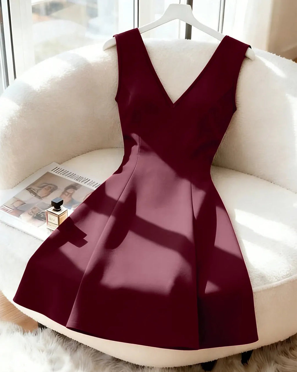 V-Neck Backless Fitted With Bowknot Mini Dress in Burgundy