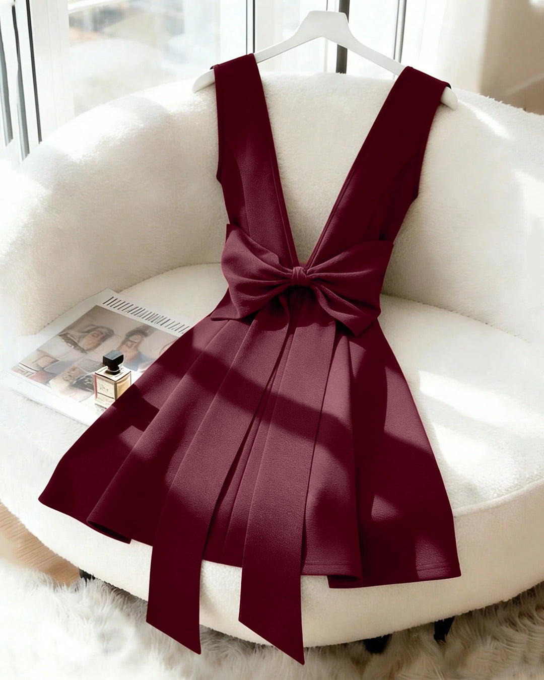 V-Neck Backless Fitted With Bowknot Mini Dress in Burgundy