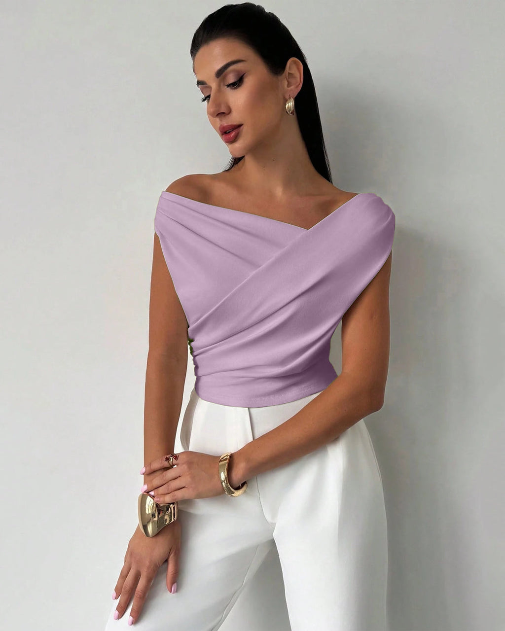 Asymmetric Neck Drape Cropped Top in lilac
