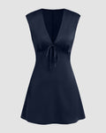 V-neck Ruched Knotted Tie Back Mini Dress in Navy Blue