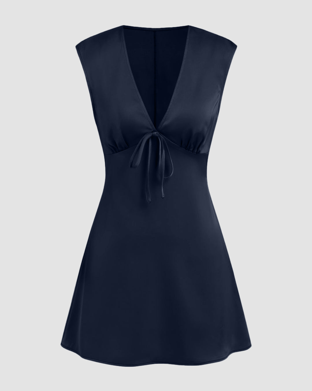 V-neck Ruched Knotted Tie Back Mini Dress in Navy Blue