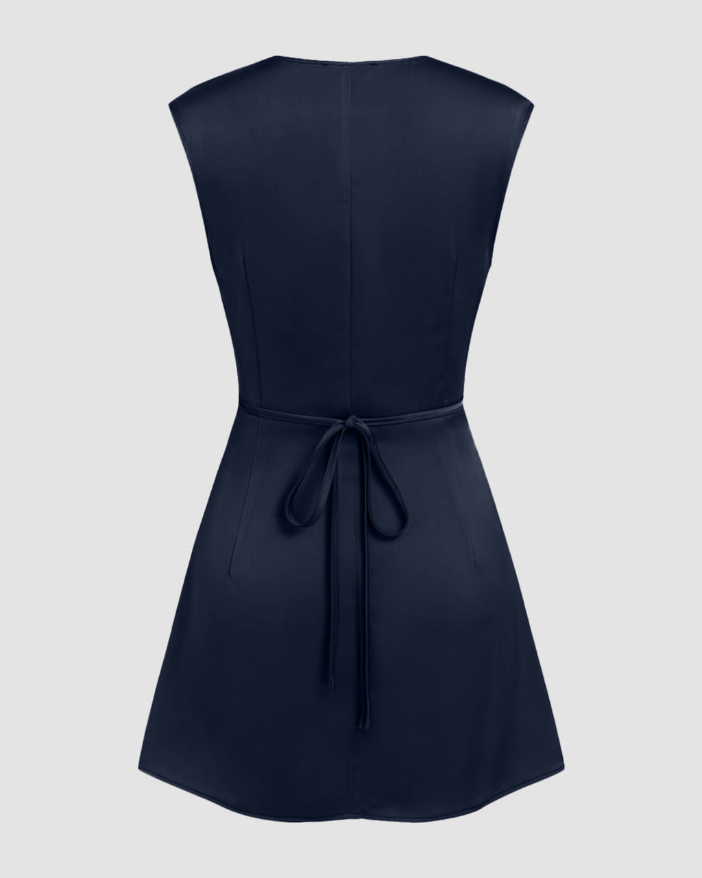 V-neck Ruched Knotted Tie Back Mini Dress in Navy Blue