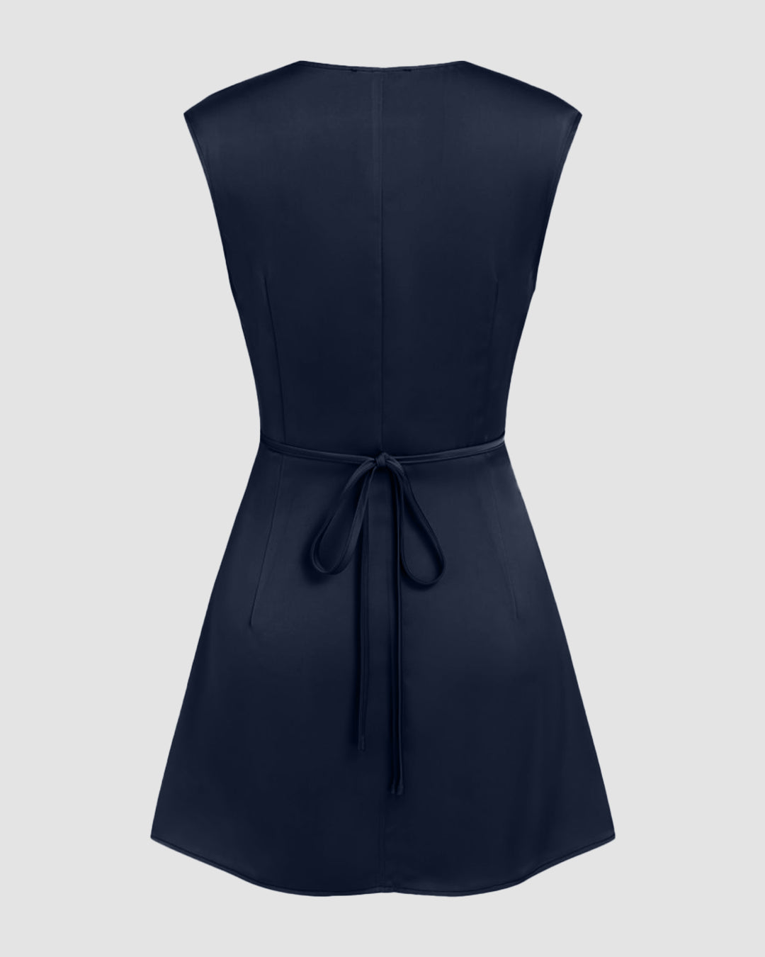 V-neck Ruched Knotted Tie Back Mini Dress in Navy Blue