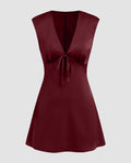 V-neck Ruched Knotted Tie Back Mini Dress in Red