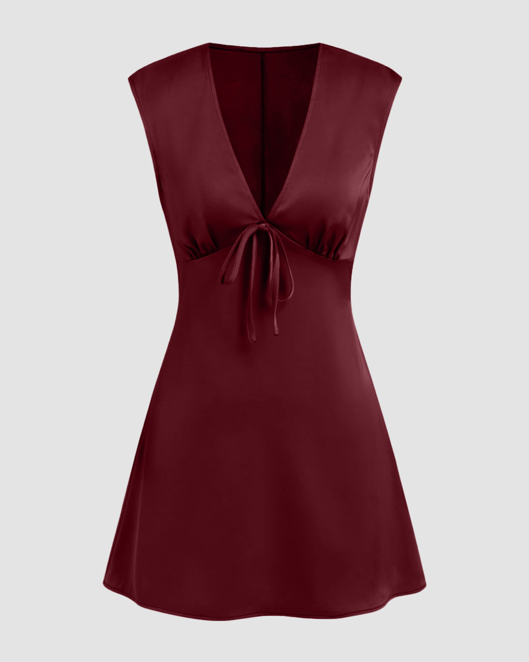 V-neck Ruched Knotted Tie Back Mini Dress in Red