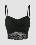 Lace Splicing Wrapped Cross Neck Camisole Top in Black