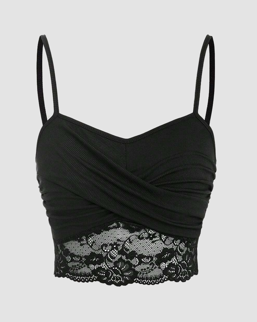 Lace Splicing Wrapped Cross Neck Camisole Top in Black