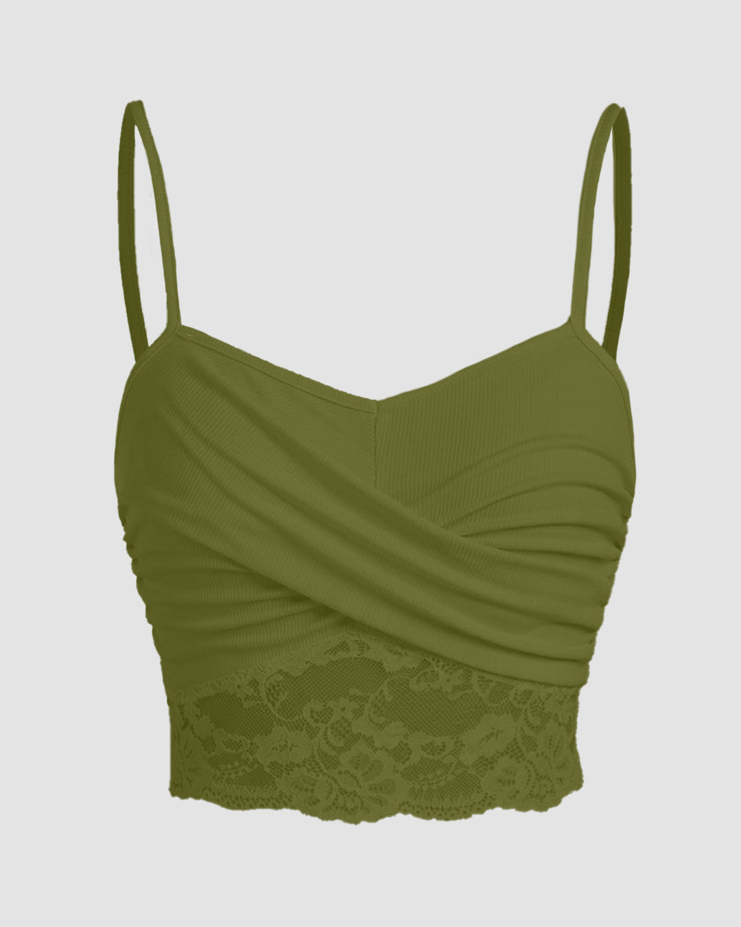 Lace Splicing Wrapped Cross Neck Camisole Top in Avocado Green