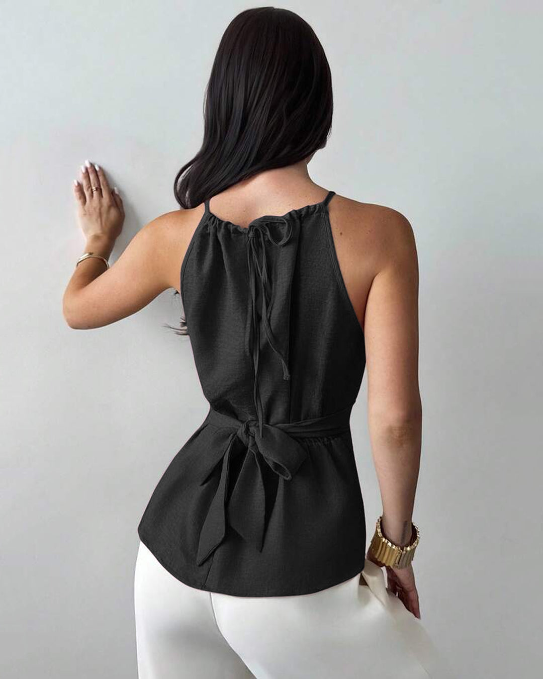 Wrap Tie Waist Solid Color Criss-Cross Sleeveless Top in Black