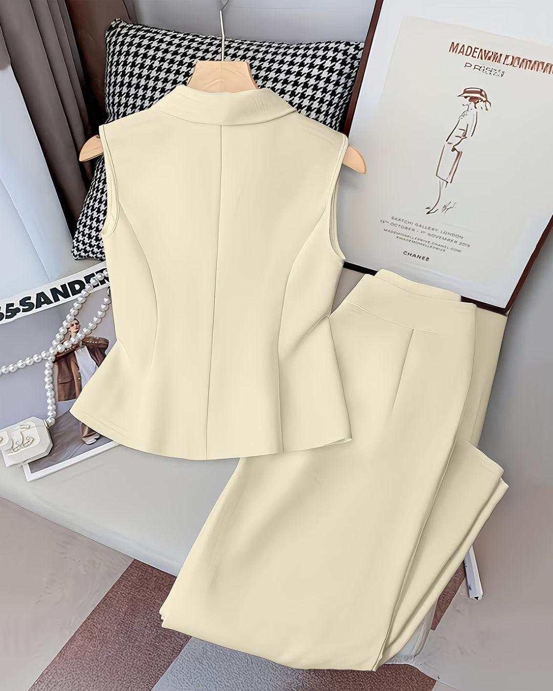 Sleeveless V-Neck Vest Button Front White Blazer Top and High-Waisted A-Line Pants Set in Beige