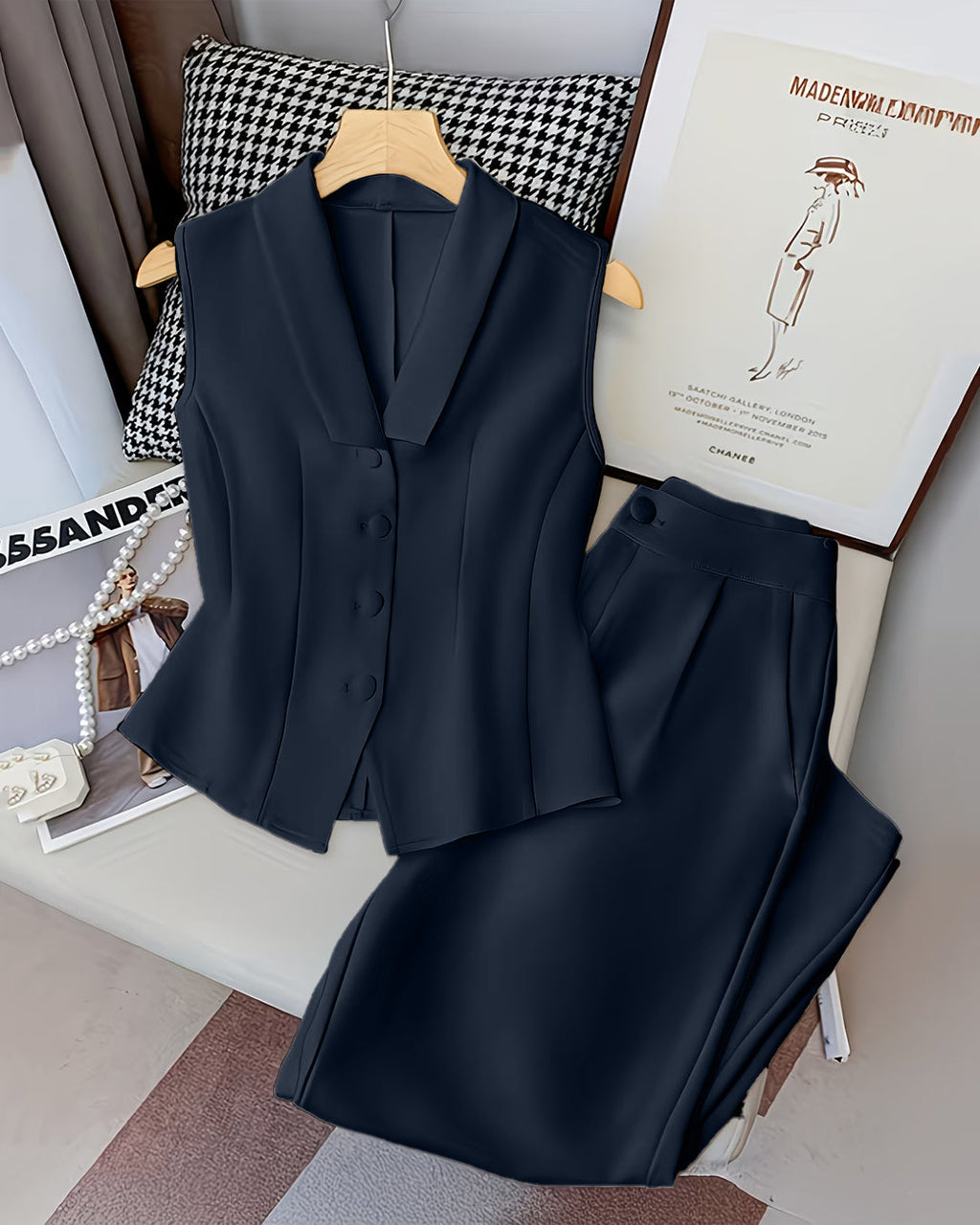 Sleeveless V-Neck Vest Button Front White Blazer Top and High-Waisted A-Line Pants in Navy Blue