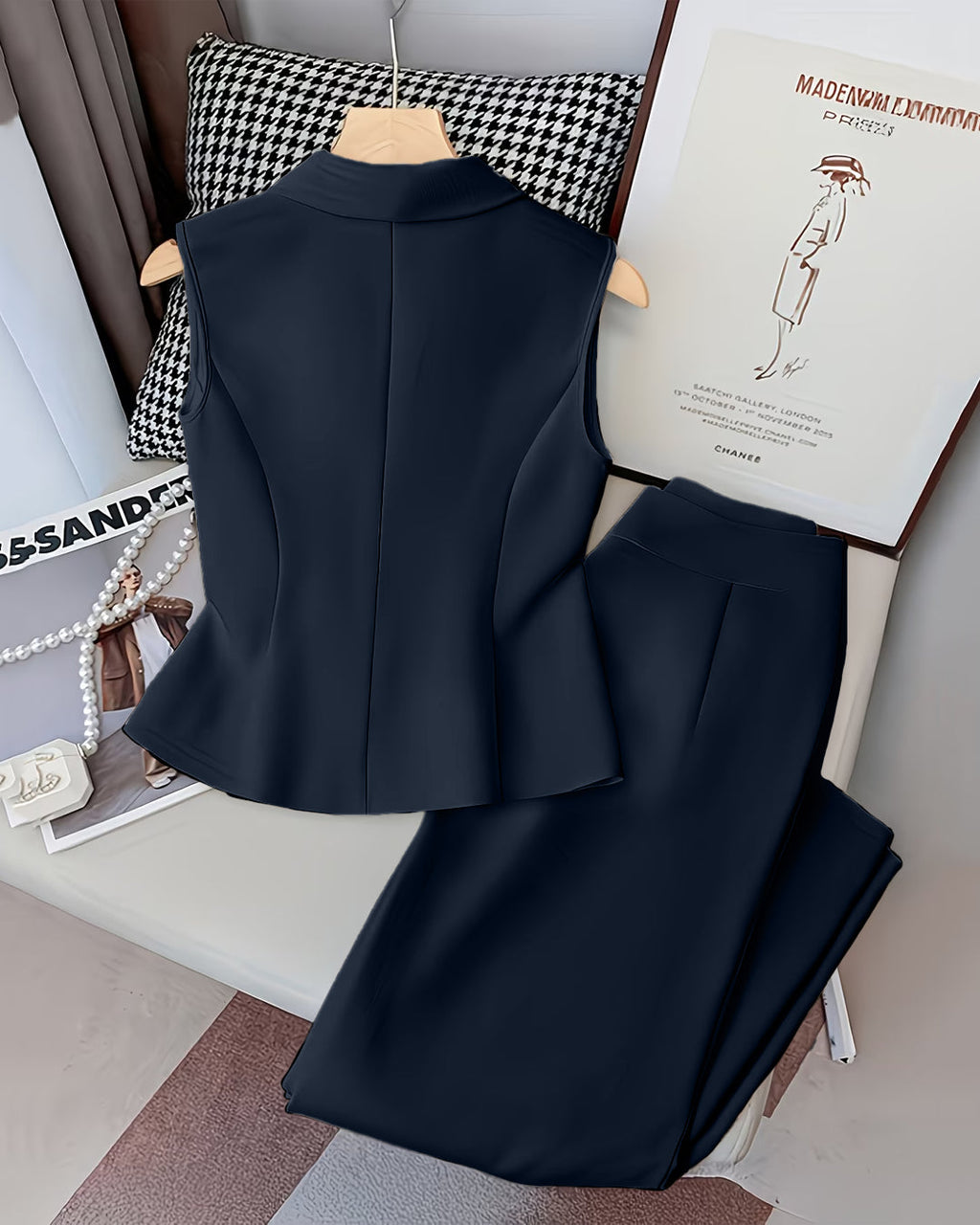 Sleeveless V-Neck Vest Button Front White Blazer Top and High-Waisted A-Line Pants in Navy Blue