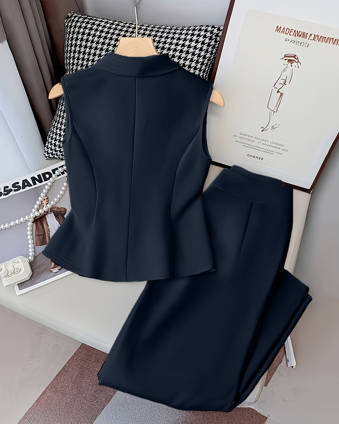 Sleeveless V-Neck Vest Button Front White Blazer Top and High-Waisted A-Line Pants in Navy Blue