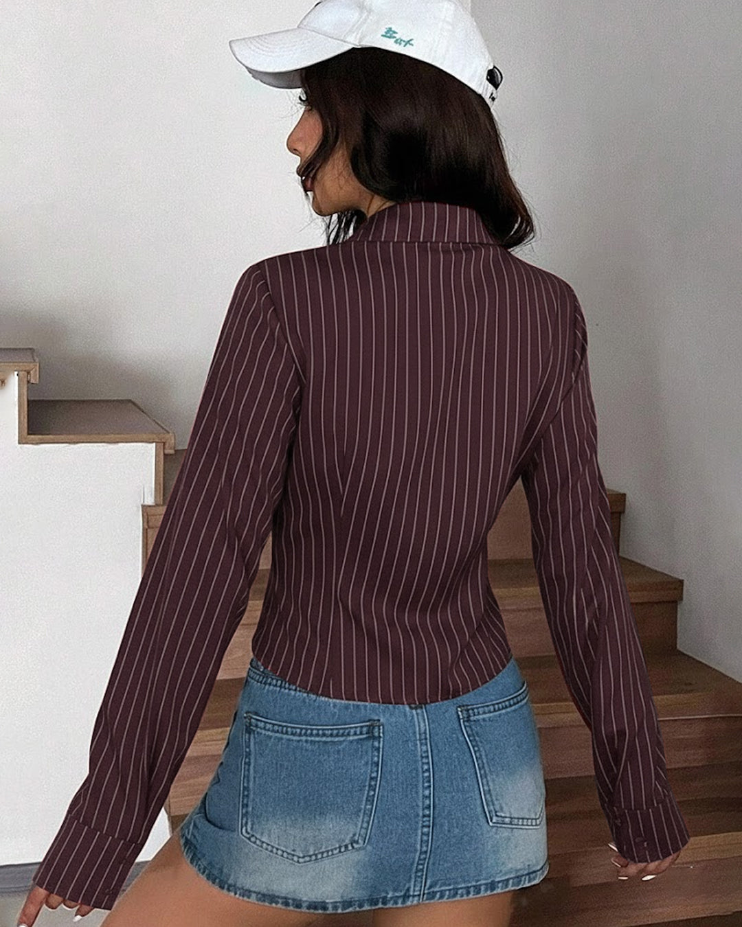 Striped Corset Style Fitted Shirt Top in wine