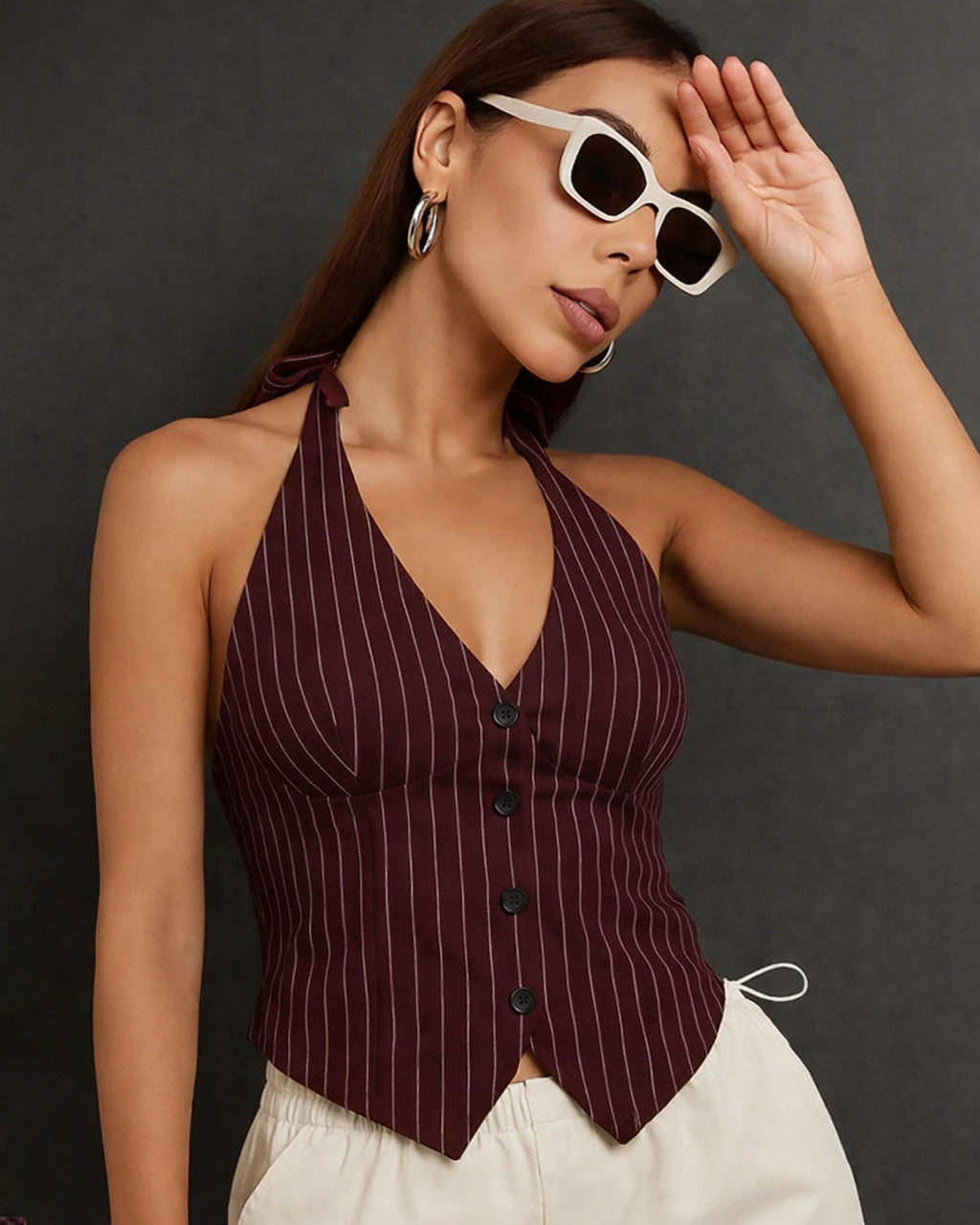 Striped Halter Bowknot Waistcoat Top in Wine