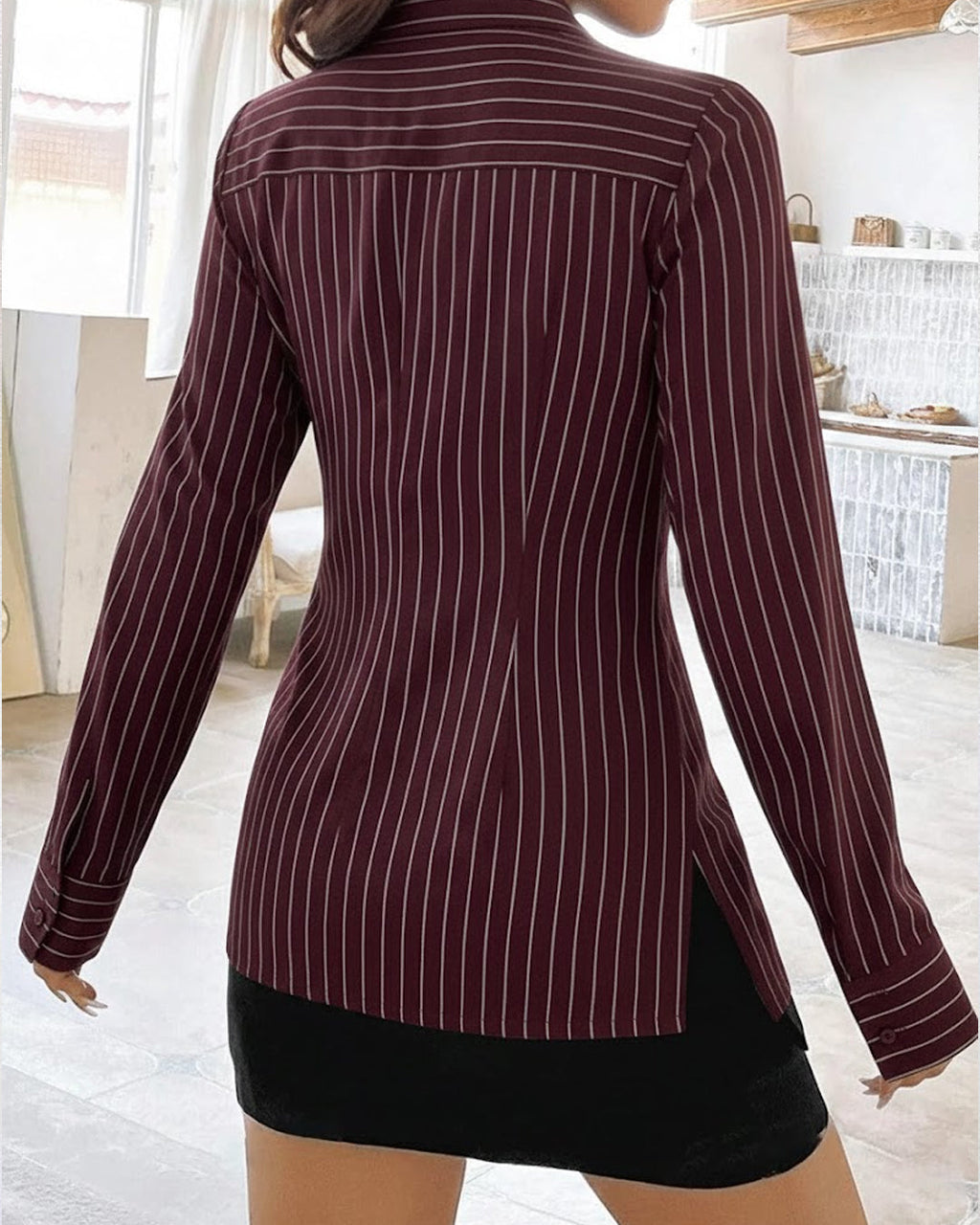 Pinstripe Tailored Fitted Shirt Top in wine
