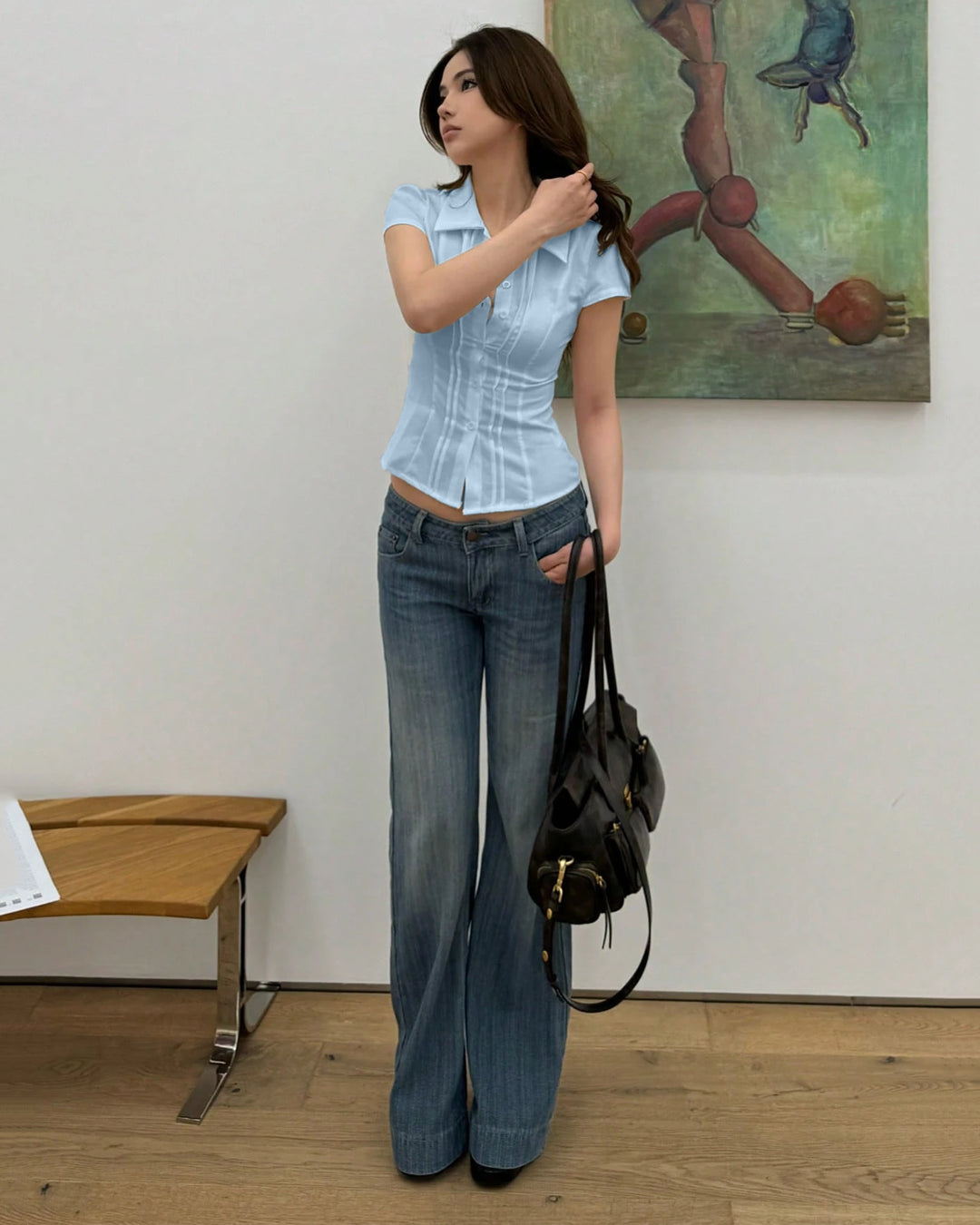 Slim Fit Short Sleeve Fitted Collared Top in Sky Blue